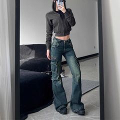 修身显瘦微喇牛仔裤女2025年低腰收腹喇叭口袋设计感裤拖地裤秋季