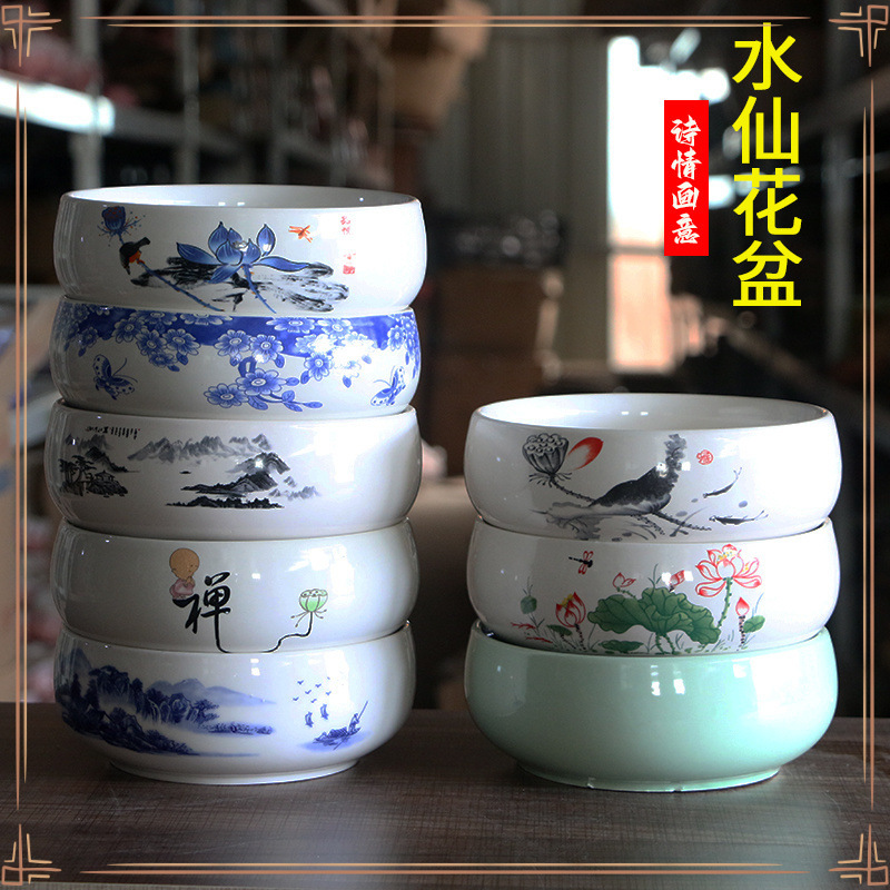 水培花盆桌面盆栽水培铜钱花盆水仙花陶瓷盆国风图案花盆水仙花