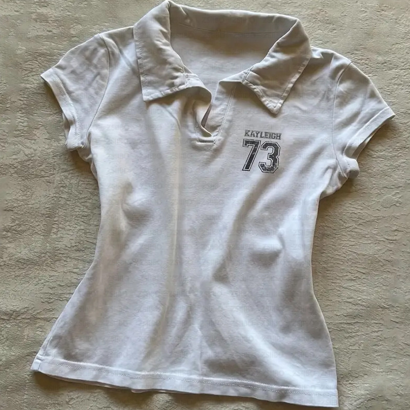 Ebay Independent Site Korean Harajuku Ins Style Slim Fit Short Top Digital Print Polo Collar Crop Top T-Shirt