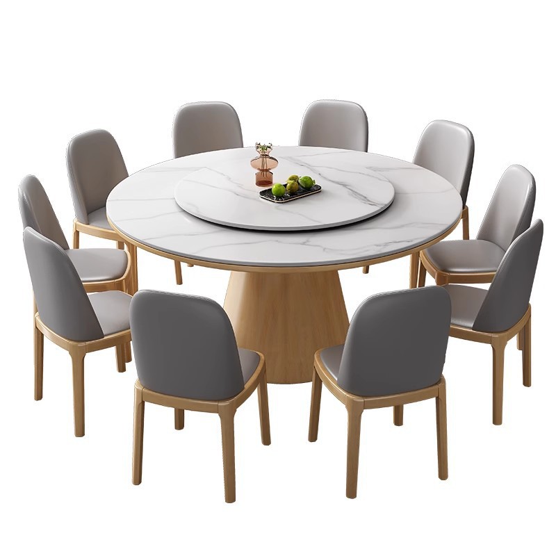Mesa y silla de comedor de tabla de roca de alta gama, mesa de comedor casera moderna y simple con mesa giratoria, mesa redonda de madera maciza del hotel