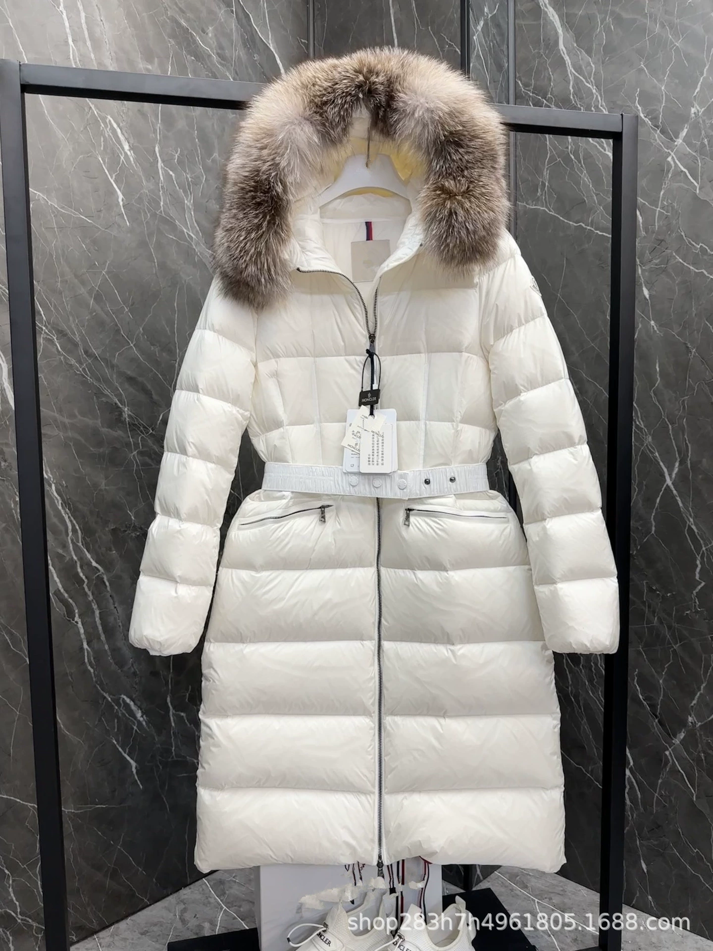 Down jacket, long fitted hoody, belt, mid-length