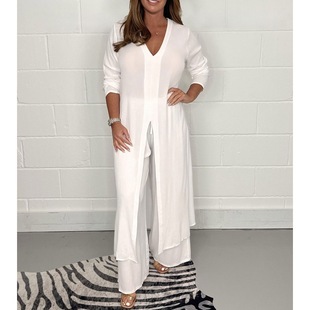 2023 in stock new Amazon independent station Europe and the United States cross-border solid color women's split long coat pants suit