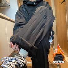 防水冲锋裤男加绒潮牌高街vibe软壳裤子美式机能风宽松黑色直筒裤