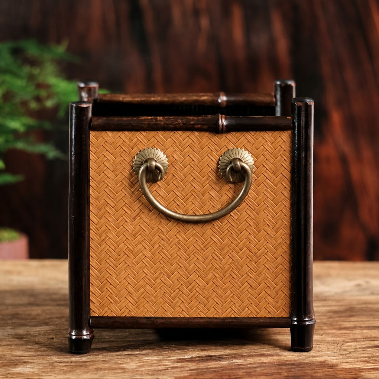 Handmade purple bamboo woven Zen-inspired heatproof cover for stoves, tea brewing, and household charcoal stoves. Charcoal stove heating protection frame.