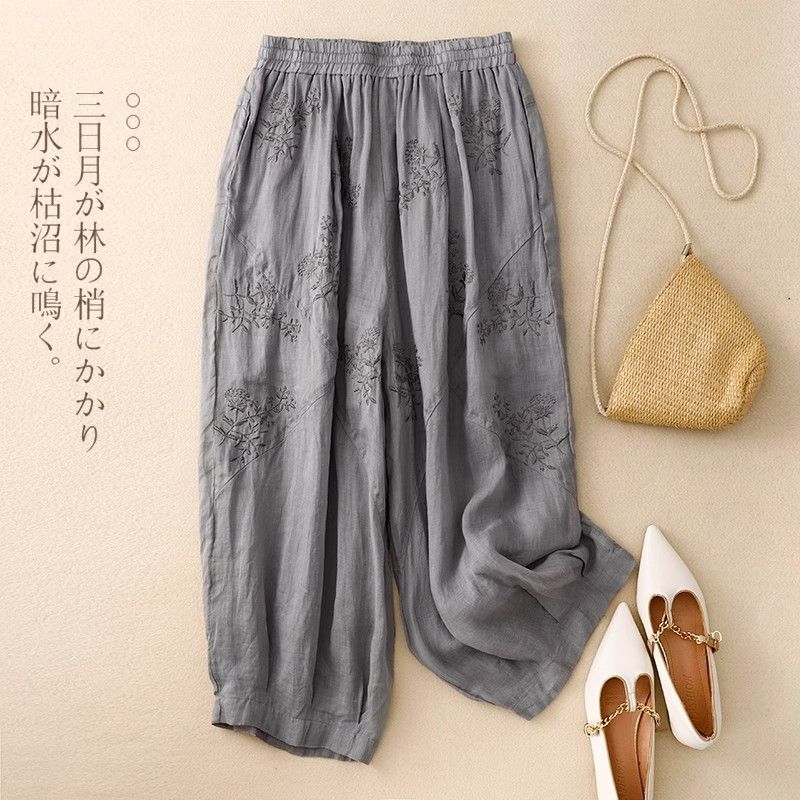 綿とリネンのアートハーレムパンツ婦人服 2025 夏の新レトロ刺繍軽くて通気性のある弾性ウエストブルマトレンディ|undefined