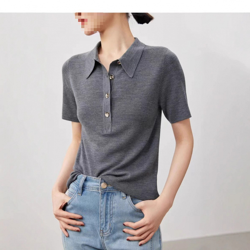 European Merino Wool Shirt Women's Short-Sleeved 2025 Spring/Summer Slim Fit Fine Knit Shirt