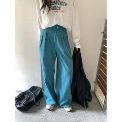 广州黄峥韩系湖蓝色裤子复古高腰显瘦灯芯绒直筒宽松休闲裤530806