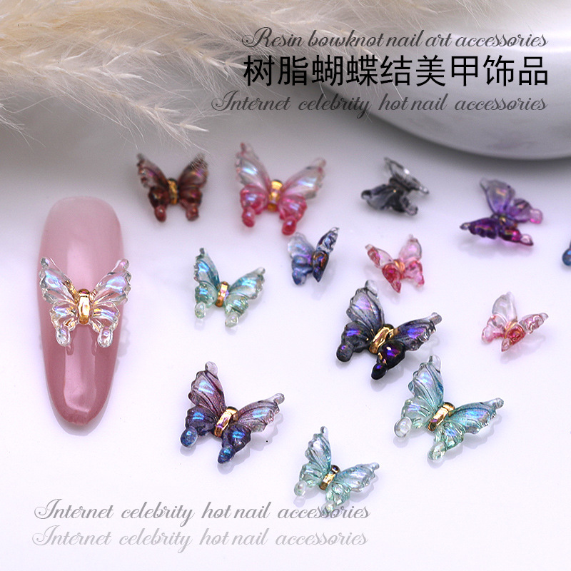 2025 new magic color elf butterfly nail jewelry three-dimensional resin color ice through small butterfly wear nail drill