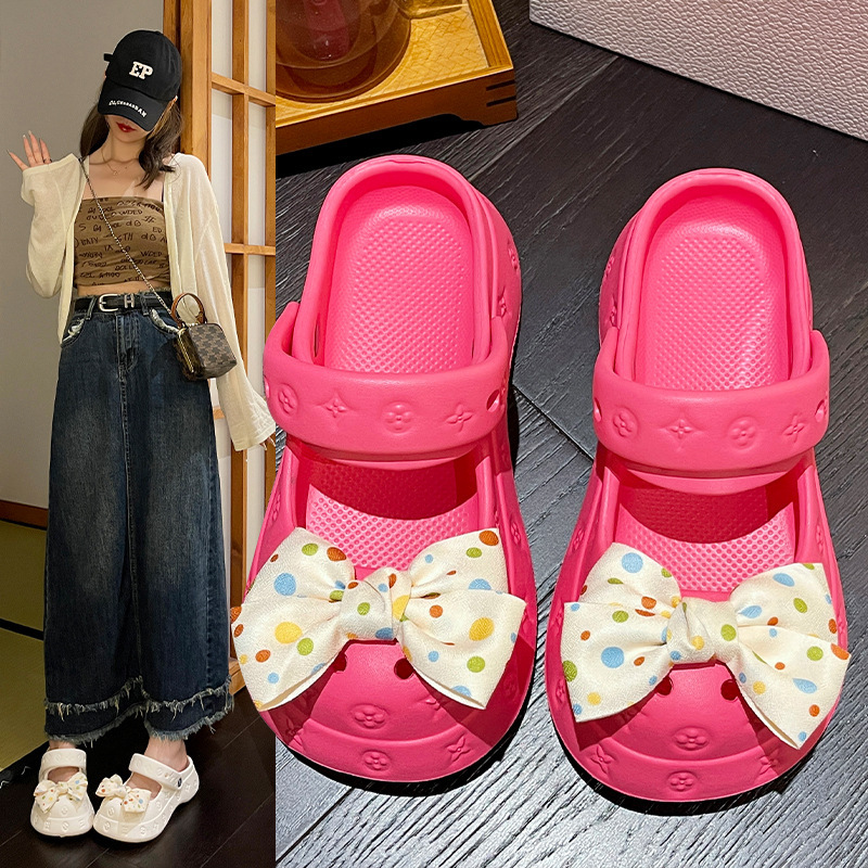 Cute Bow-Knot Slippers for Women, Summer Outdoor Wear, 2025 New Thick-Soled Dual-Wear Beach Shoes, Clogs, Sandals