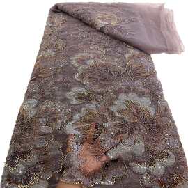 新中式重工多色大花定位珠管绣亮片绣婚纱晚礼服设计师布面料lace