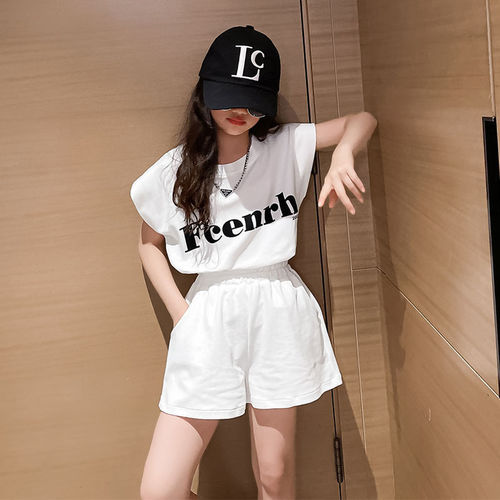 Girls Summer Sports Suit  New Fashionable Middle and Large Children's Letter T-shirt Five-piece Pants Two-piece Set Trendy