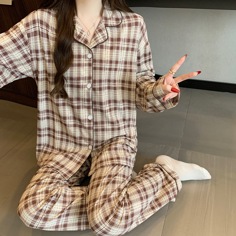 Cross-Border Spring and Autumn Style Comfortable Plaid Printed Pajamas, Long-Sleeved and Long-Pants Loungewear Two-Piece Set, Suitable for Student Dormitories and Can Be Worn Outside
