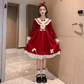 中小学生春秋季新款时尚甜美公主裙女童洋气蝴蝶结洛丽塔连衣裙子