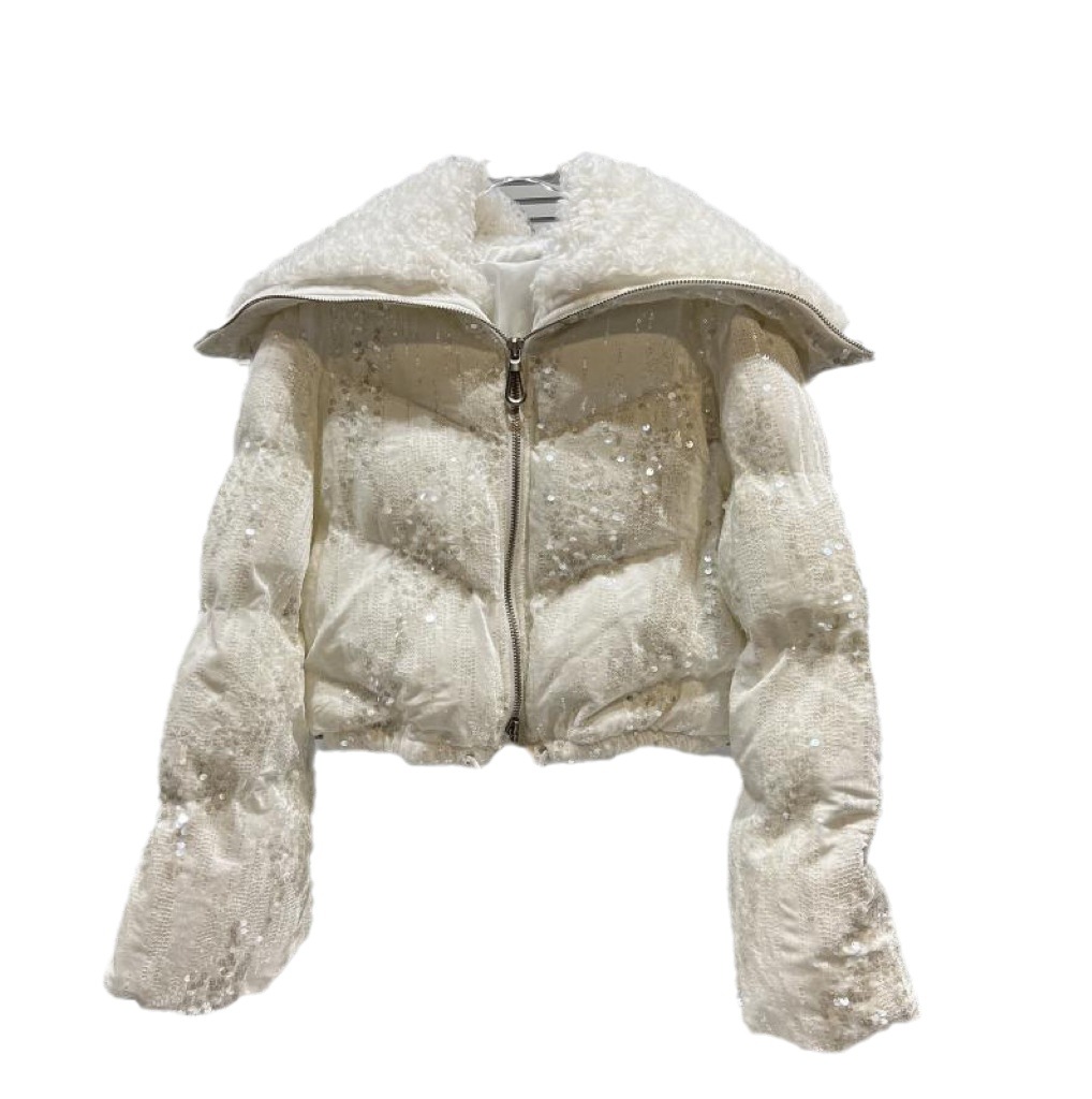 Chaqueta de algodón estilo celebridad de internet para niñas, invierno 2025, nueva, con cuello marinero, forro polar, lentejuelas y terciopelo, abrigo corto de algodón