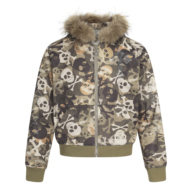 Cartoon Skull Full-Print Letter Rhinestone Loose Mink Fur Collar Sweatshirt Men's Trendy Brand Autumn New Casual Jacket
