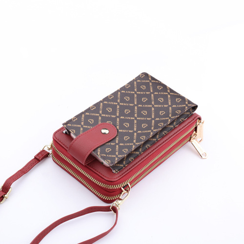 Double zipper mobile phone bag women's new diagonal large capacity single shoulder small shoulder bag vertical style contrasting color three-layer women's long wallet