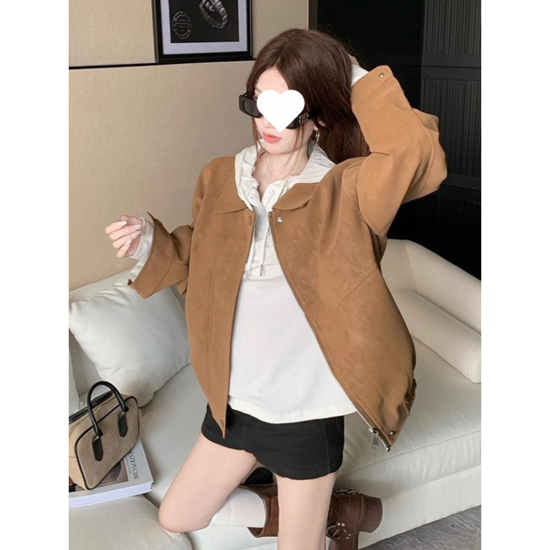 美拉德复古仿麂皮绒长袖外套女2025秋季新款宽松翻领休闲机车夹克|undefined