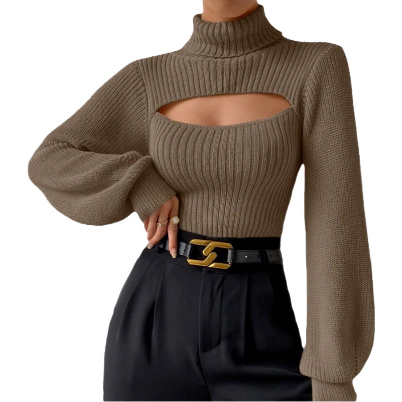 Suéter Sexy de Manga Larga para Mujer, Estilo Europeo y Americano, para Comercio Transfronterizo, Primavera y Otoño, Cuello Alto Calado, Tejido de Punto image 1