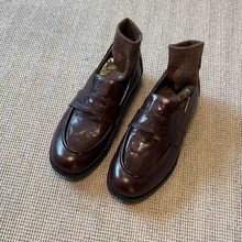 复古法式小皮鞋一脚蹬懒人鞋粗跟平底单鞋英伦风通勤厚底乐福鞋女