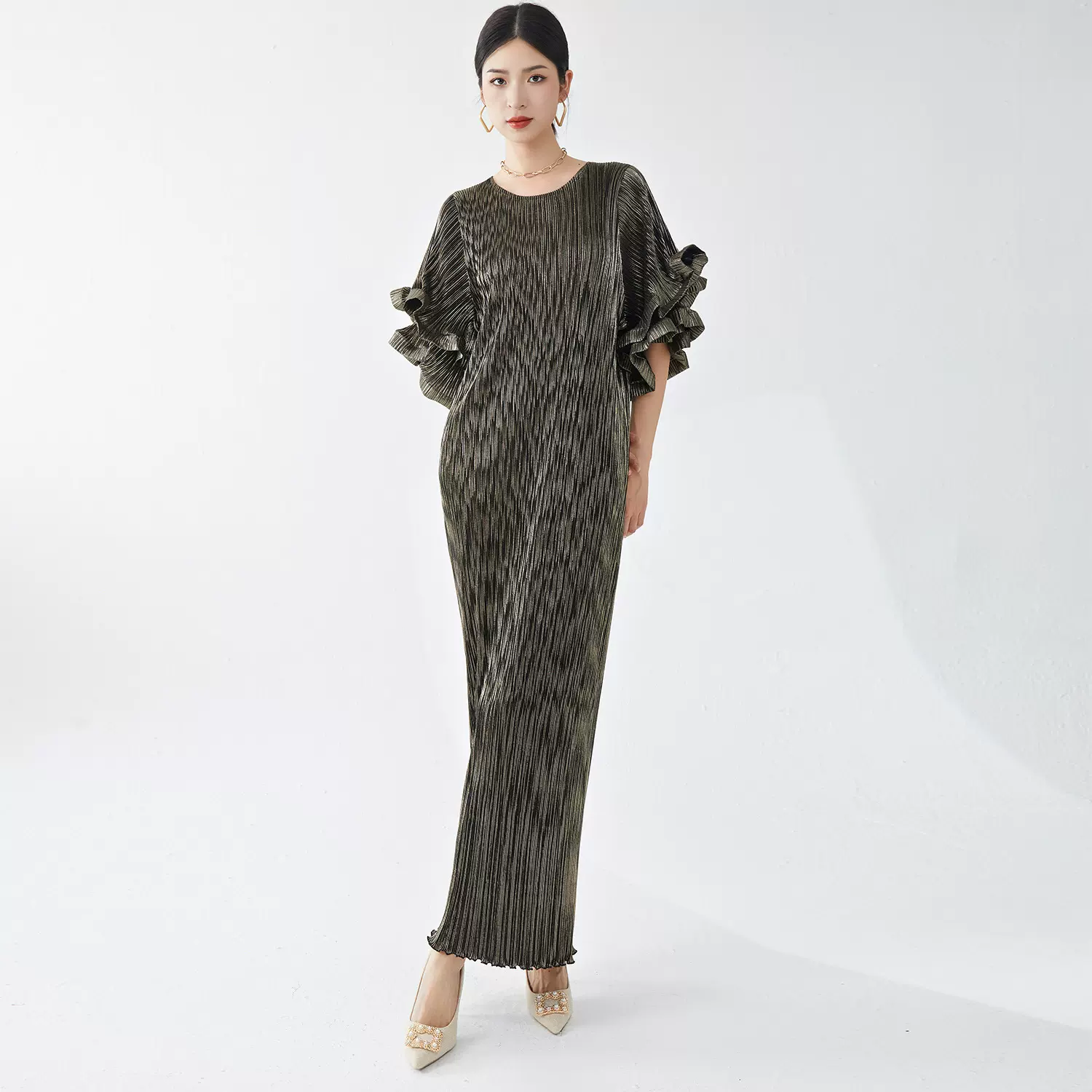 三宅裙子连衣裙女显瘦高级感圆领喇叭袖宽松外贸气质优雅礼服长裙