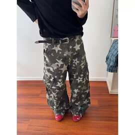 跨境美式水洗星星满印渐变迷彩工装牛仔裤男女宽松休闲百搭阔腿裤