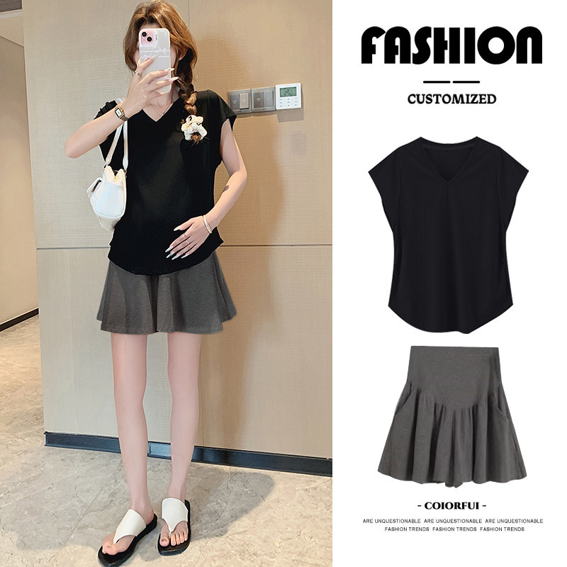 Pregnant Women's Top Summer Short-sleeved V-neck Western-style Belly Covering Thin T-shirt Base-layer Shirt suit Trendy Mom's New Style Pants Skirt