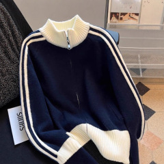自留款推荐撞色条纹棒球服外套女春秋新款拼接拉链小个子针织毛衣