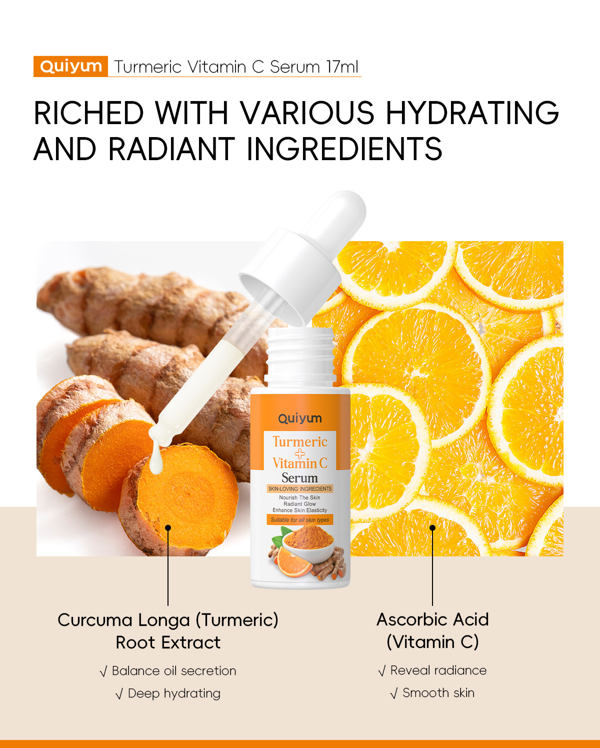 quiyum cross-border new Product Turmeric Vitamin c Essence 17ml for hydrating, moisturizing and nourishing, in stock from the manufacturer undefined