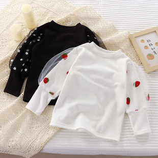 Girls' velvet puff sleeve bottoming shirt autumn and winter children's solid color all-match round neck single top baby girls' long sleeve T-shirt