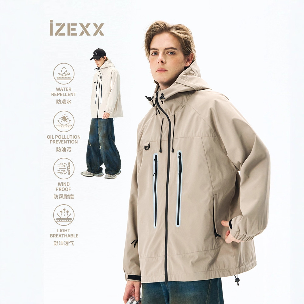 IZEXX Tide Brand Mountain Outdoor Reflective Hooded Jacket Jacket Men's Hiking Camping Jacket Mountaineering Suit Couple