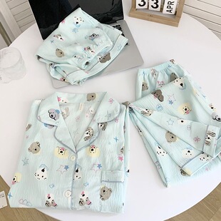 源头工厂三件套春夏季新款睡衣女云朵棉翻领开衫甜美少女家居-阿里巴巴