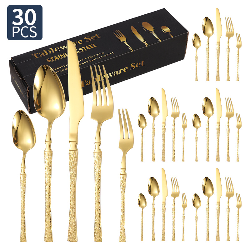 Cuchillos, tenedores y cucharas de acero inoxidable con cintura pequeña transfronteriza Juego de vajilla de acero inoxidable con cuchillo y tenedor de filete dorado, juego de 20/24/30