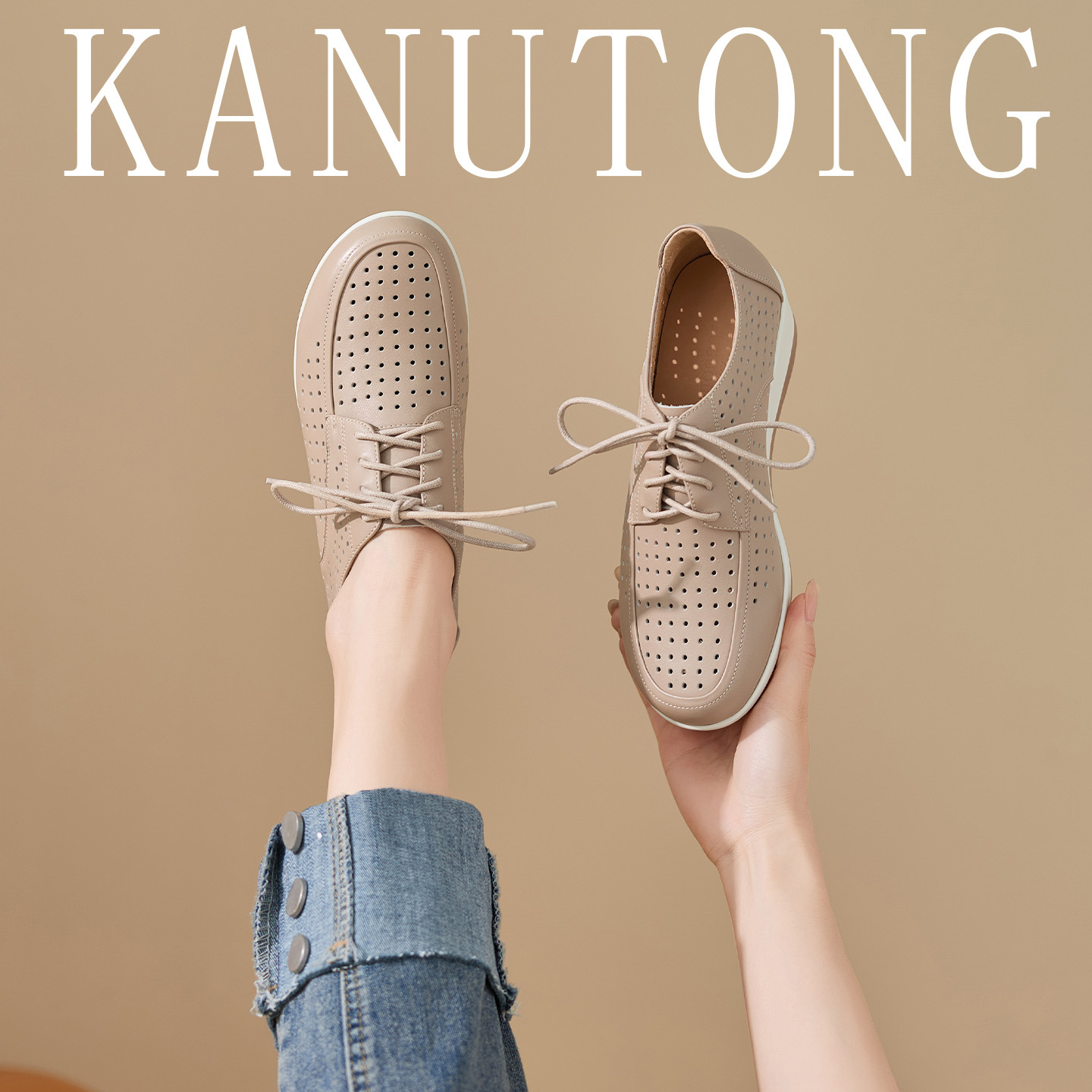 Giày da bò đục lỗ nữ đế xuồng platform gót 5 cm — màu trắng ngà chi tiết 1