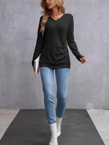 New independent station European and American spring and autumn new solid color long-sleeved button casual T-shirt