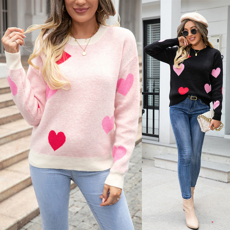 2026 Spring New Arrival Amazon Sweater Love Heart Valentine's Day Little Peach Heart Sweater Round Neck Knitted Pullover Sweater for Women