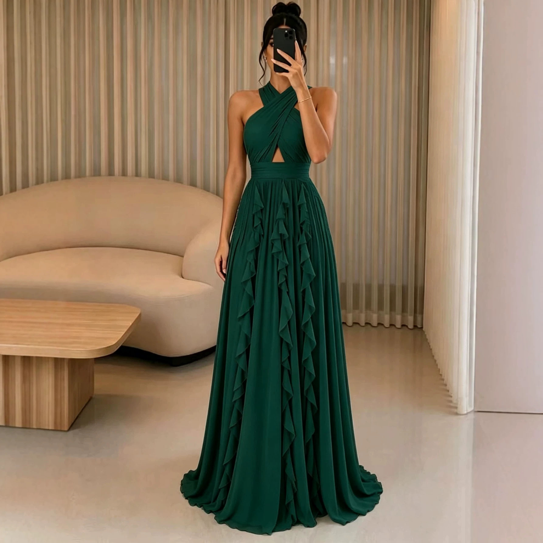 822W New European and American Fashion Women's Chiffon Cross-Neck Sleeveless Backless Party Bridesmaid Wedding Dress with Halter Neck