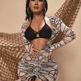 欧美游泳衣比基尼三件套性感黑色BIKINI印花长袖防晒纱裙外贸跨境