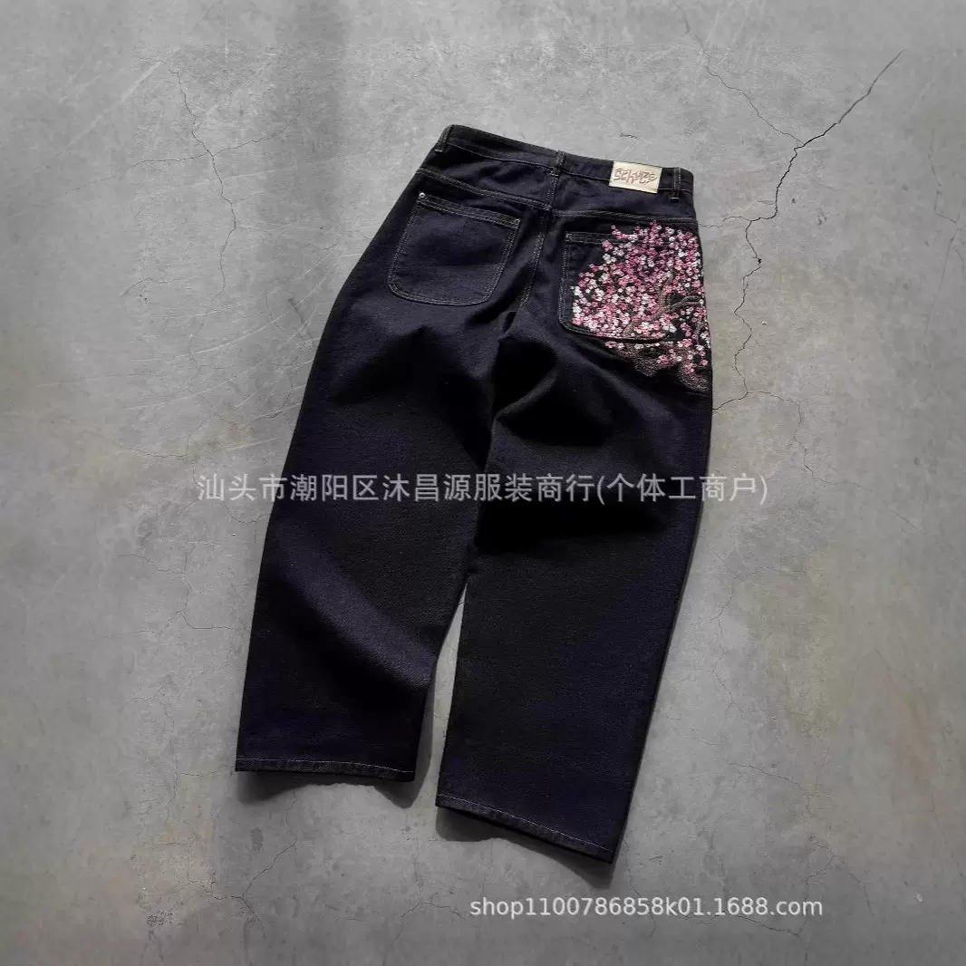 跨境外贸美式复古刺绣个性街头潮流阔腿休闲百搭牛仔裤嘻哈长裤