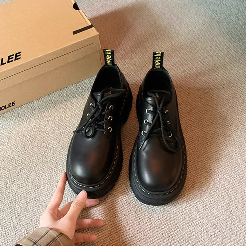 Grape Mom Otoño Nuevo estilo estilo británico con cordones para aumentar los zapatos Lofu de plataforma de tacón grueso Zapatos de cuero pequeños de punta redonda Otoño femenino