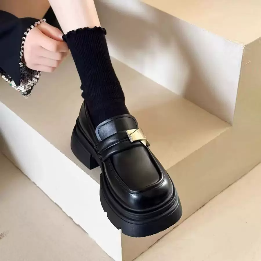 法式复古女乐福鞋2025春新款圆头配裙子百搭一脚蹬跨境厚底小皮鞋
