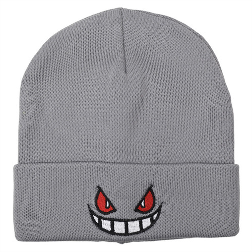 Euro-American Cartoon Big-Mouth Red-Eye Embroidered Knitted Beanie, Warm-Keeping Pullover Hat for Autumn and Winter, Woolen Knit Cap
