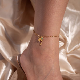 Amazon Cross-border New Product Palm Tree Birth Stone Anklet Paper Clip Chain Anklet Fashion Jewelry Ladies Gift
