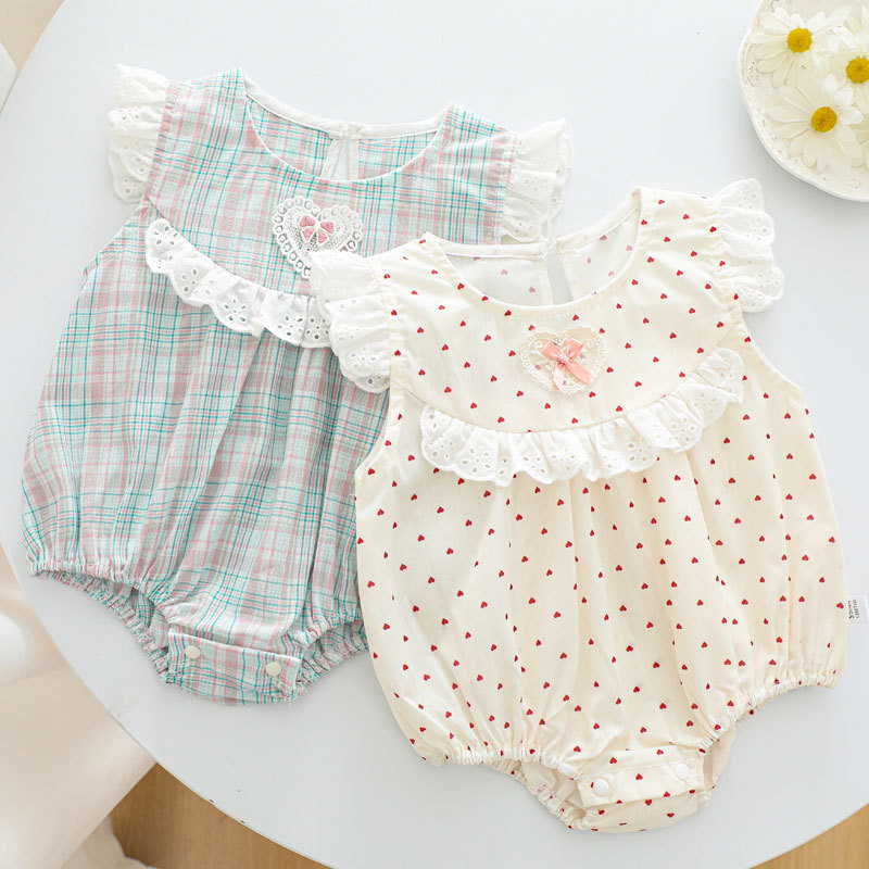 Summer Baby Pure Cotton Coveralls, Polka Dot Plaid Style, Fashionable Baby Girl Triangle Crawler Suit, Thin Breathable Jumpsuit