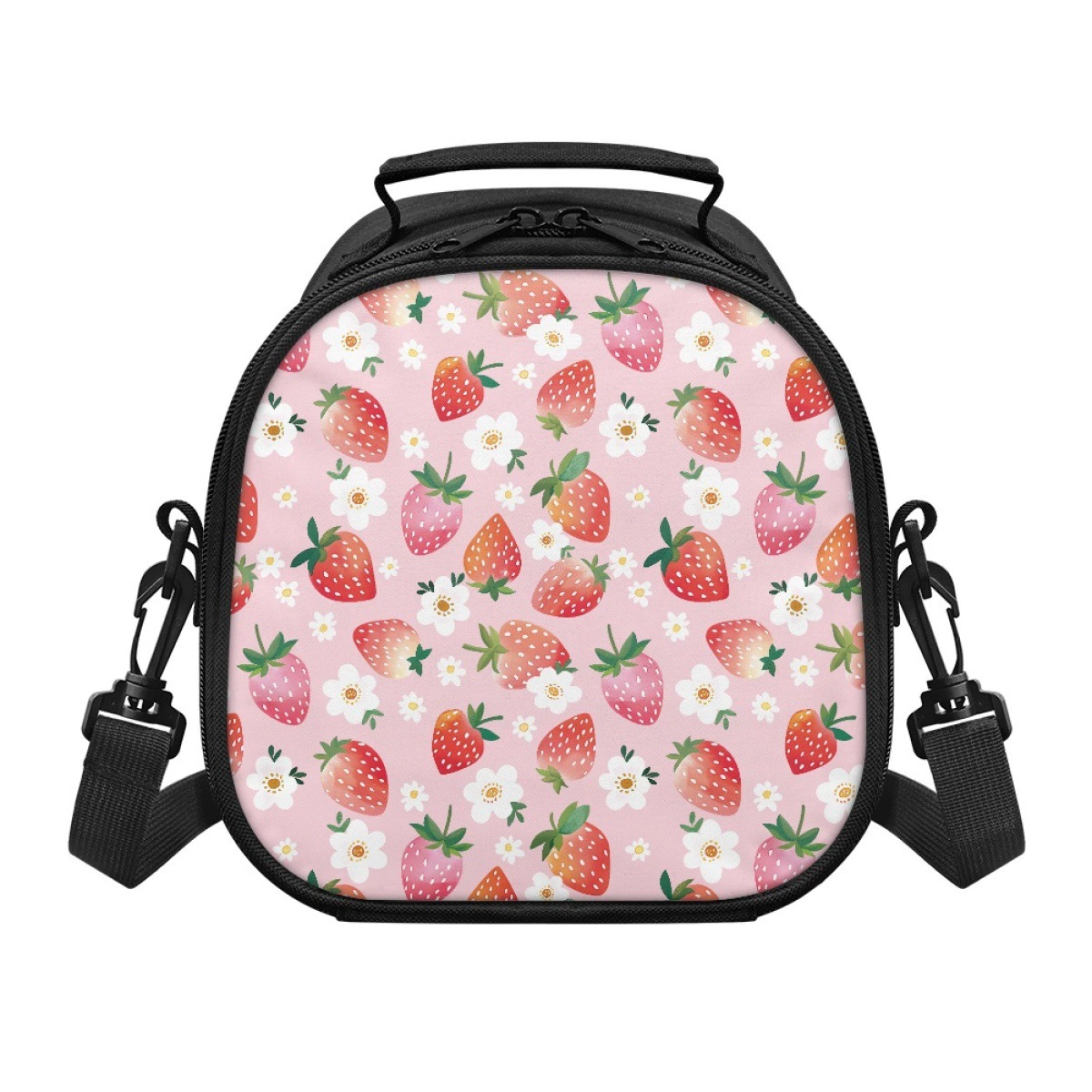 Детская праздничная сумка для обеда из спандекса, термоперенос, фруктовый элемент, клубничный узор, регулируемый плечевой ремень