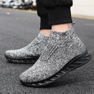 Cross-border large size high-top socks and shoes for men in autumn fly knitted sneakers, lazy shoes, one-legged elastic casual shoes