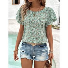 B 93427 V-neck Printed Ruffle Women's Top V ��ӡ����Ҷ��Ů��