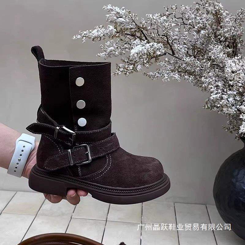 Autumn Four Seasons Children's Martin Boots Children's Trendy Shoes Boys and Girls Suede Leather Mid-Calf Boots British Style Rhubarb Boots Single Boots