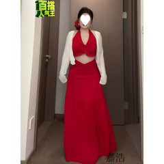 大码欲海边度假风套装春夏胖显瘦领挂脖小吊带+半身裙两件套