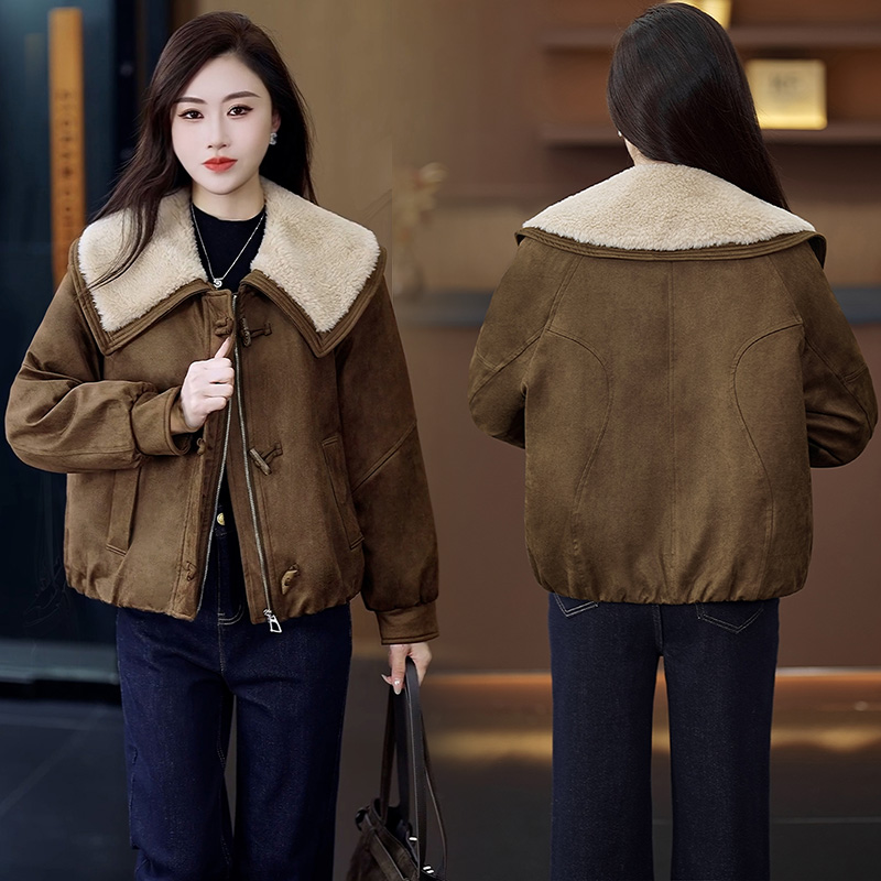 Korean Retro Suede Short Jacket for Women with Cotton 2025 Winter New Style Lamb Wool Lapel Thickeneded Jacket