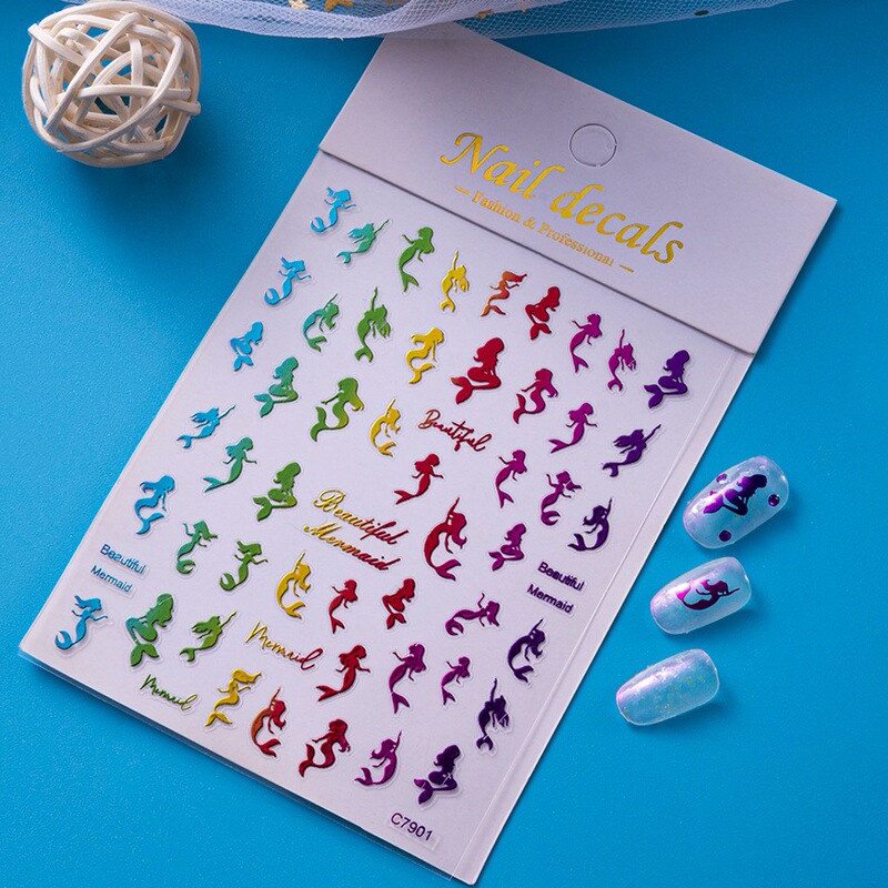 Southeast Asia Hot Mermaid Nail Stickers Sweet Neon Color Mermaid Adhesive 3D Cardboard Nail Stickers